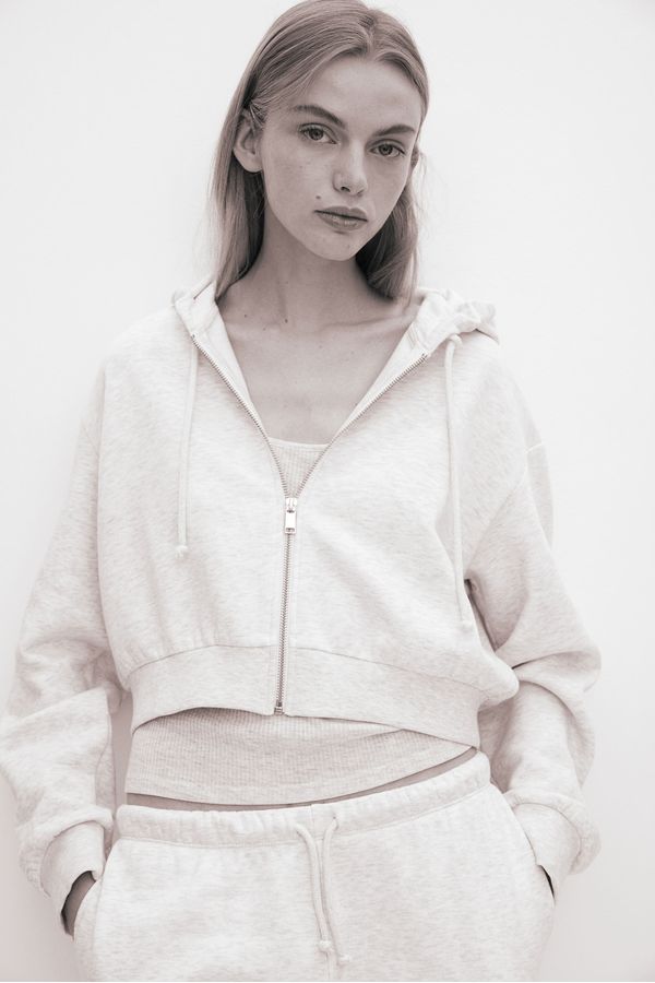 Hoodie cropped en franela con cremallera